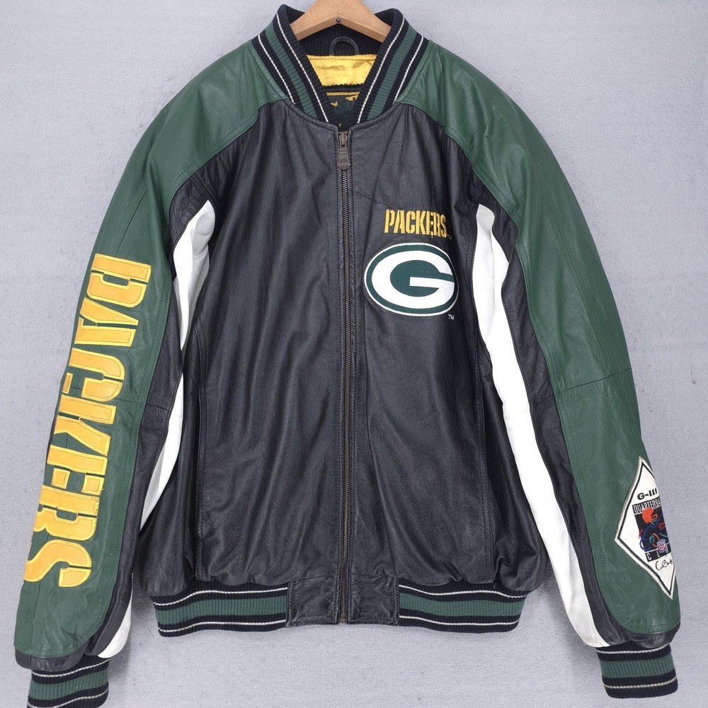 Vintage Green Bay Packers Jacket Mens Large Black Leather NFL Football G-III 90s